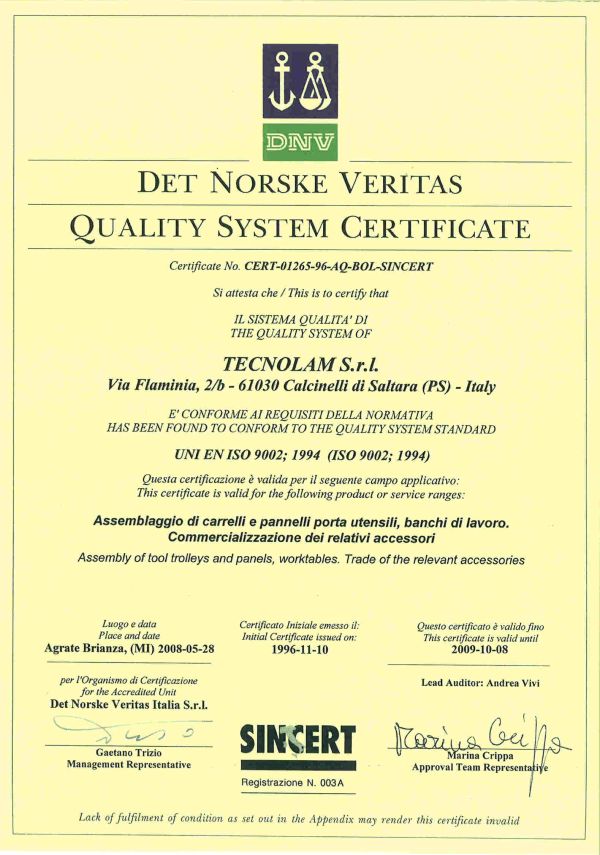 Zertifikat DIN EN ISO 9002 Tecnolam Fahrzeugeinrichtungen